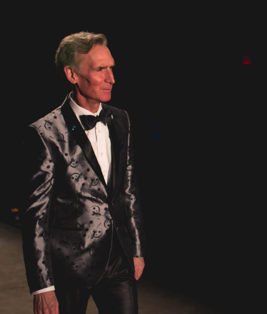 Bill Nye wearing a tuxedo by friend and designer, Nick Graham.