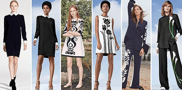 From left to right: VVB Fall 2012, BxTarget Black Collared Dress; VVB Spring 2016, VBxTarget Black and White Mod Shift Tulip Appliqué Dress; VVB Fall 2017 Resort, VBxTarget Black Satin Calla Lily Wide Leg Pant and matching Blouse