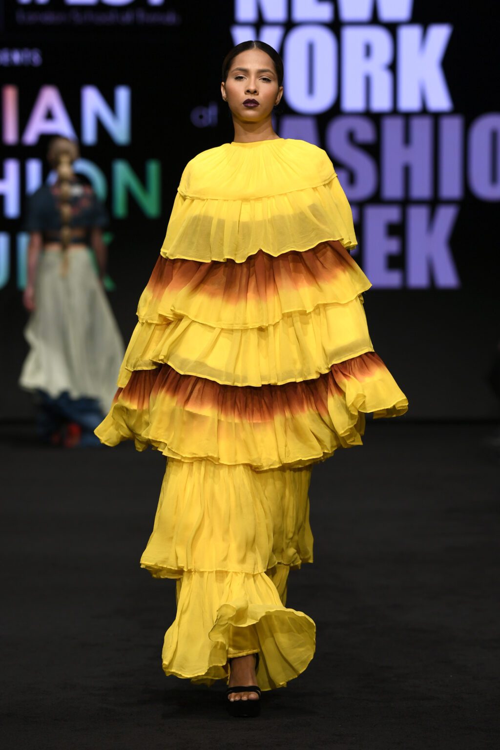 NEW YORK, NEW YORK - FEBRUARY 12: Maria Vicario walks the runway wearing INIFD-LST India Fashion Trunk - At New York Fashion Week Powered By Art Hearts Fashion at The Ziegfeld Ballroom on February 12, 2022 in New York City. (Photo by Arun Nevader/Getty Images for Art Hearts Fashion)