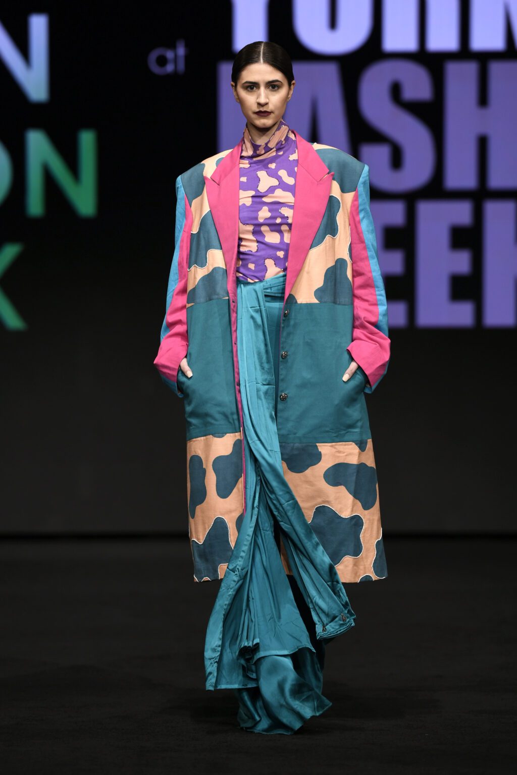 NEW YORK, NEW YORK - FEBRUARY 12: Gena Dickon walks the runway wearing INIFD-LST India Fashion Trunk - At New York Fashion Week Powered By Art Hearts Fashion at The Ziegfeld Ballroom on February 12, 2022 in New York City. (Photo by Arun Nevader/Getty Images for Art Hearts Fashion)