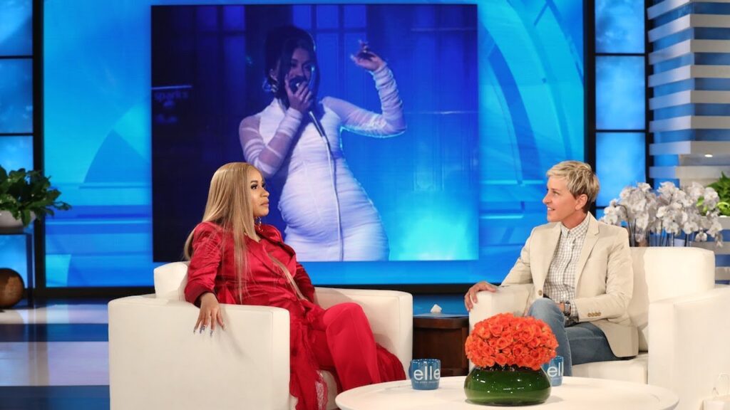 Photo of Cardi B speaking to Ellen Degeneres on The Ellen Show.