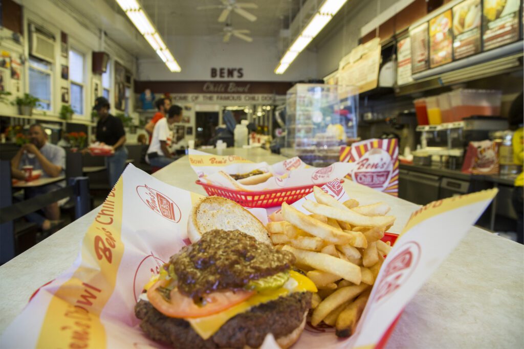 A picture of burger and fries at Ben's Chili Bowl.