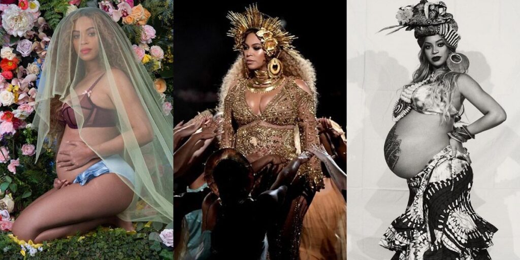 Different photos of Beyonce pregnant.